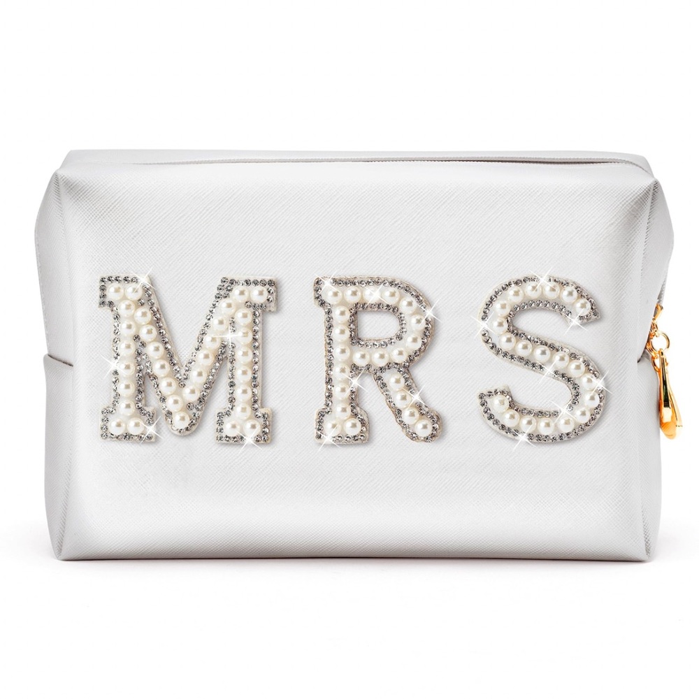 ♥️ Bride Bag Mrs White Pearl Rhinestone Travel Toiletry Make Up Bag Pouch Purse